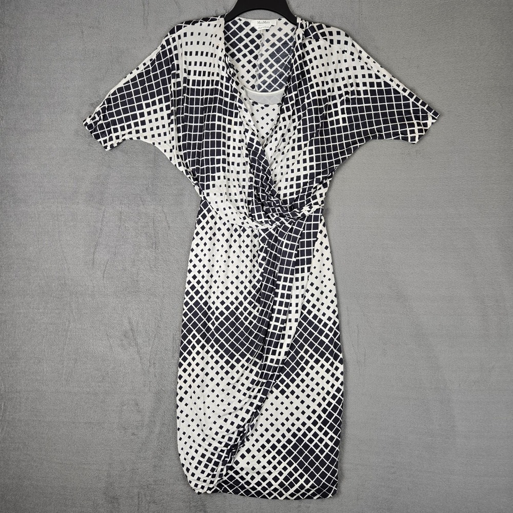 MaxMara‎ Black White Geometric Faux Wrap Stretch Midi Dress Womens 38 *READ